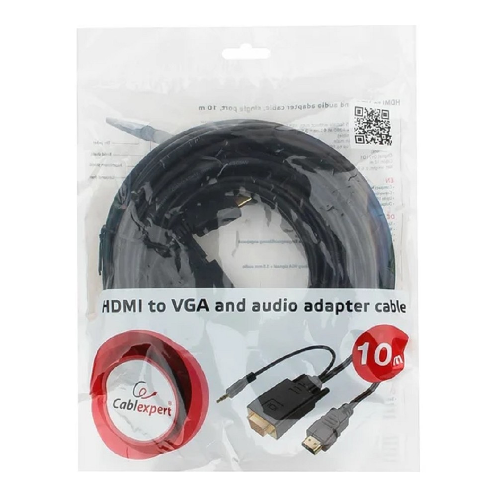 Кабель HDMI->VGA Cablexpert A-HDMI-VGA-03-10M, 19M/15M + 3.5Jack, медь, позол.разъемы, 10м, черный, пакет