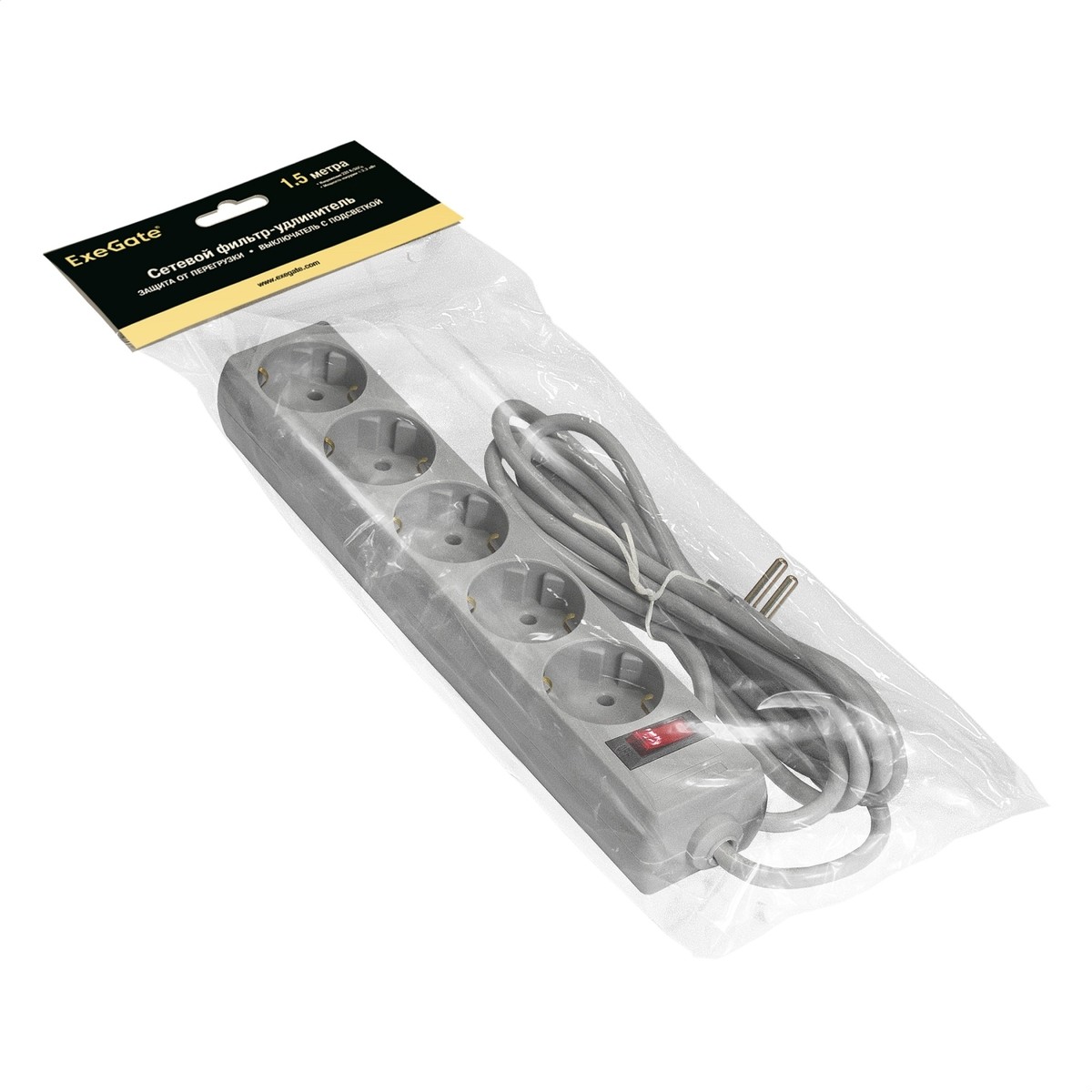 Exegate EX266862RUS Сетевой фильтр Exegate SP-5-1.5G (5 розеток, 1.5м, евровилка, светло-серый)