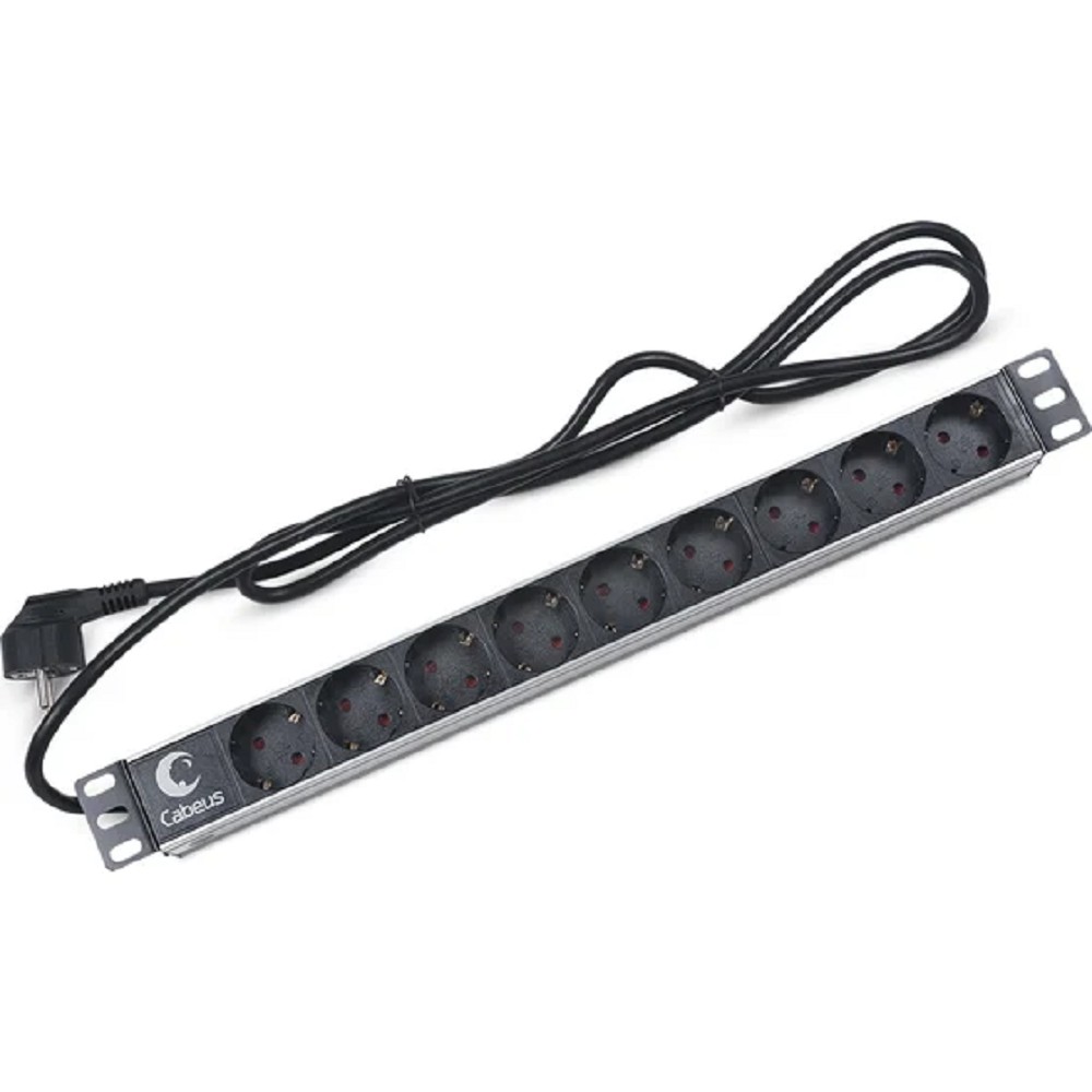 Cabeus PDU-9P-2EU Блок евророзеток для 19" шкафов, горизонтальный, 9 розеток, 16 A, без выключателя, шнур 2м, алюминиевый корпус, немецкий стандарт