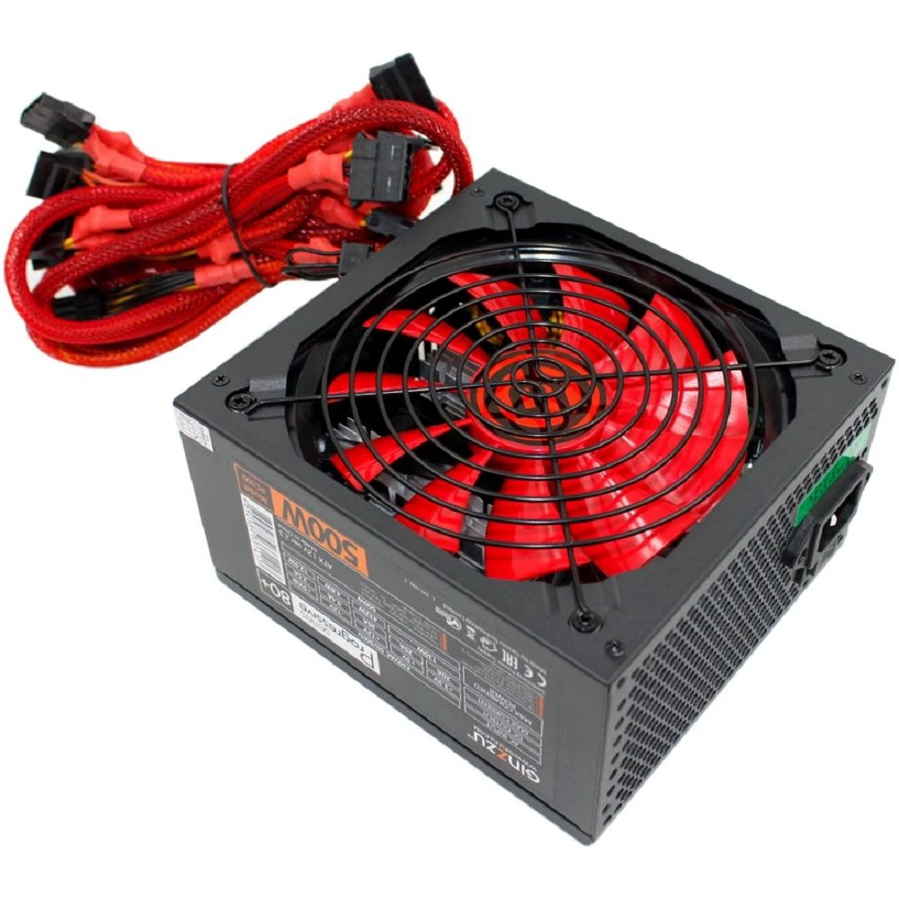 Ginzzu PC500 14CM(Red) 80+ black,APFC,24+4p,2 PCI-E(6+2), 5*SATA, 4*IDE,оплетка, кабель питания,цветная коробка