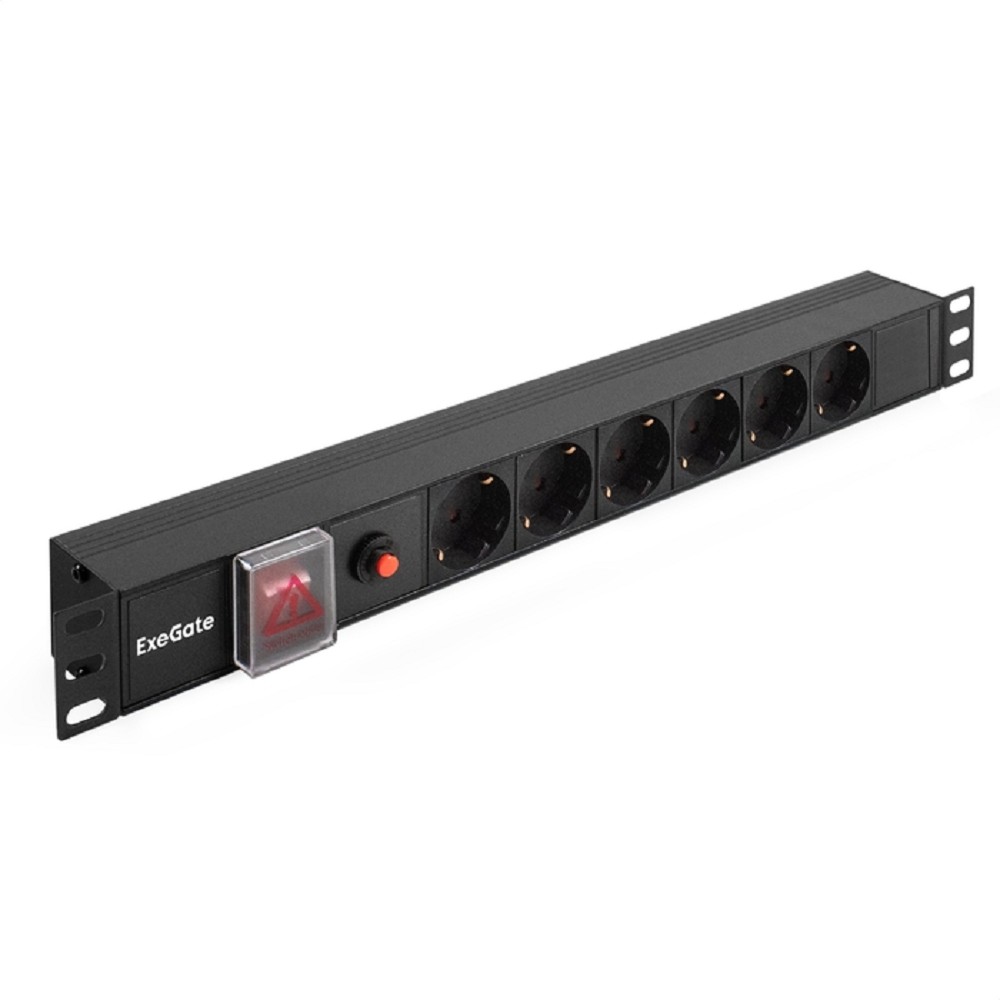 Exegate EX280830RUS Блок розеток ExeGate ServerPro PDU-19H605 Al-6S-C14-SW-O, 19",1U,алюм, 6Schuko, С14, защ перегр