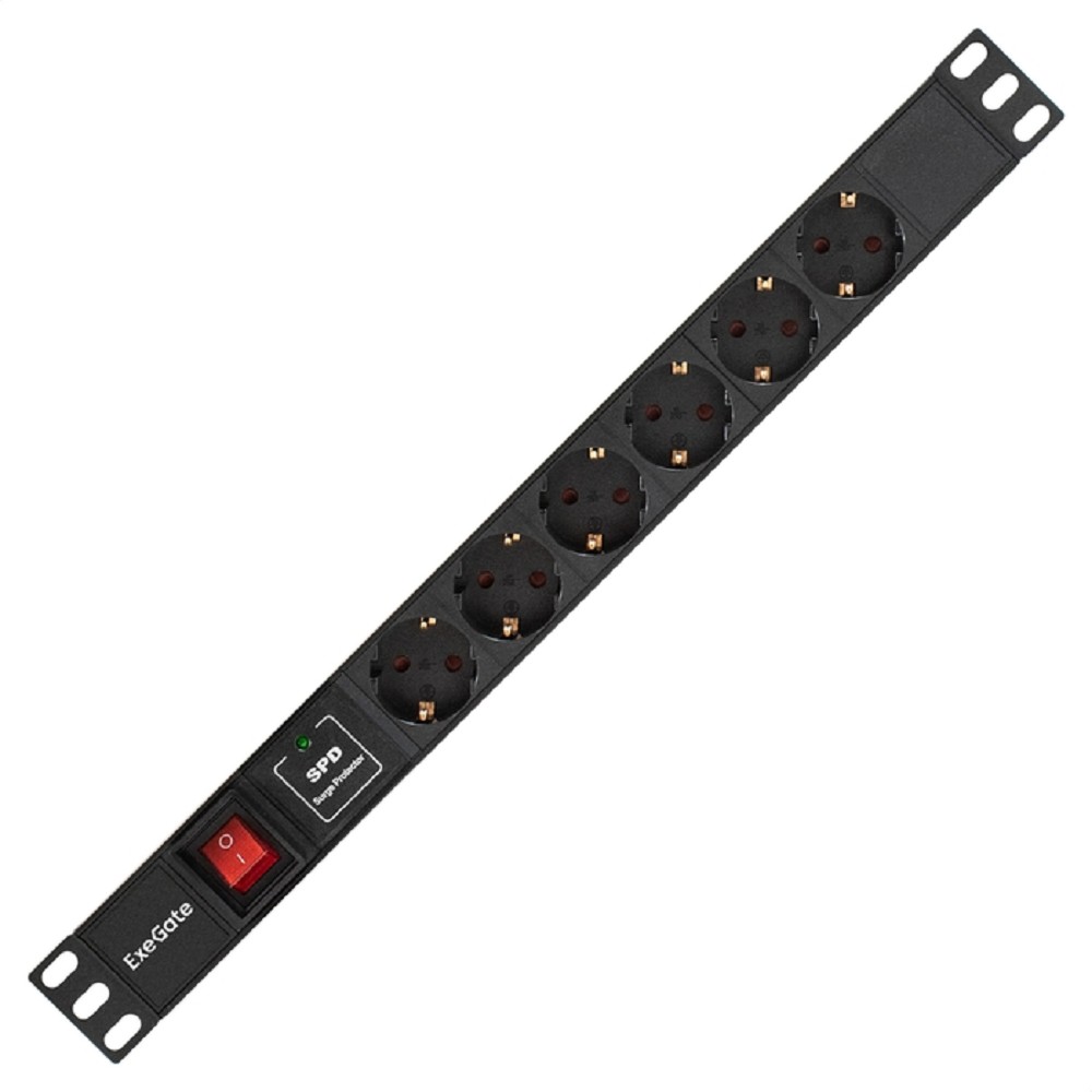Exegate EX280833RUS Блок розеток ExeGate ServerPro PDU-19H608 Al-6S-EU2-SW-SPD1, 19",1U,алюм, 6Schuko, евровилка,2м,SPD1