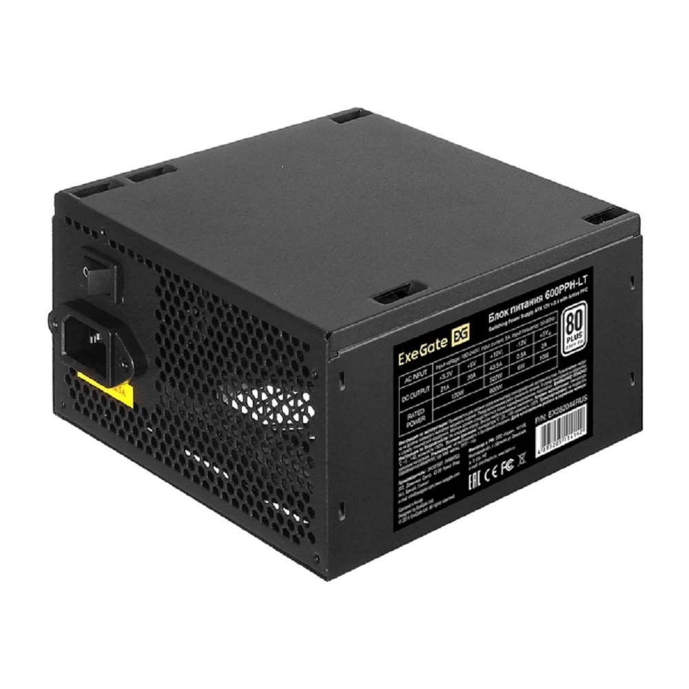 Exegate EX282044RUS Блок питания 600W Exegate 600PPH-LT, 80+, RTL, ATX, black, APFC, 12cm, 24p, (4+4)p, 5*SATA, 3*IDE