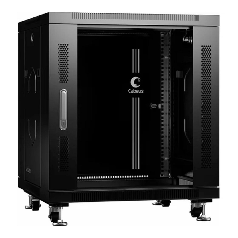 Шкаф коммутационный Cabeus (SH-05C-12U60/60-BK) напольный 12U 600x600мм пер.дв.стекл металл 800кг черный 500мм 730мм IP20 сталь