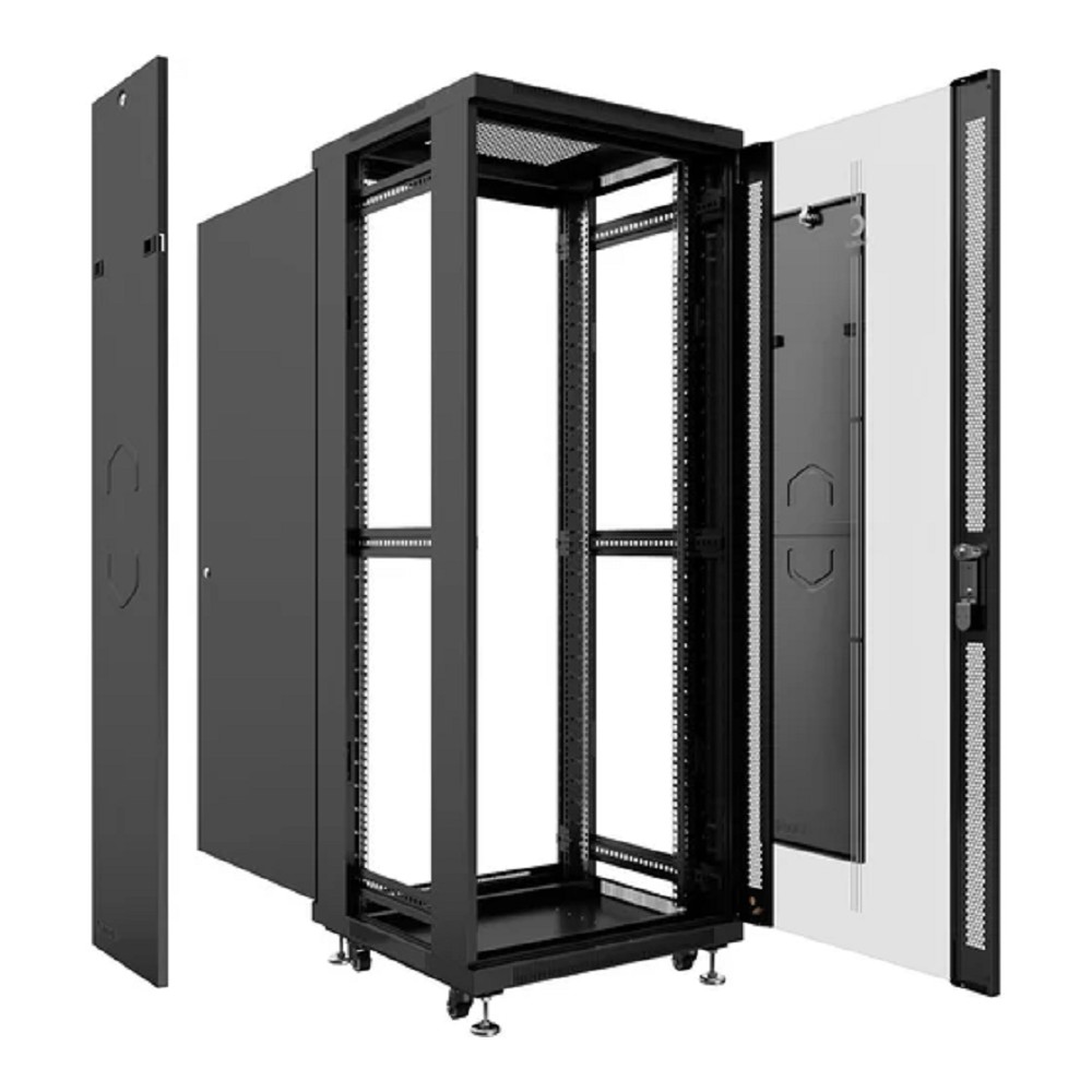 Шкаф коммутационный Cabeus (SH-05C-12U60/60-BK) напольный 12U 600x600мм пер.дв.стекл металл 800кг черный 500мм 730мм IP20 сталь