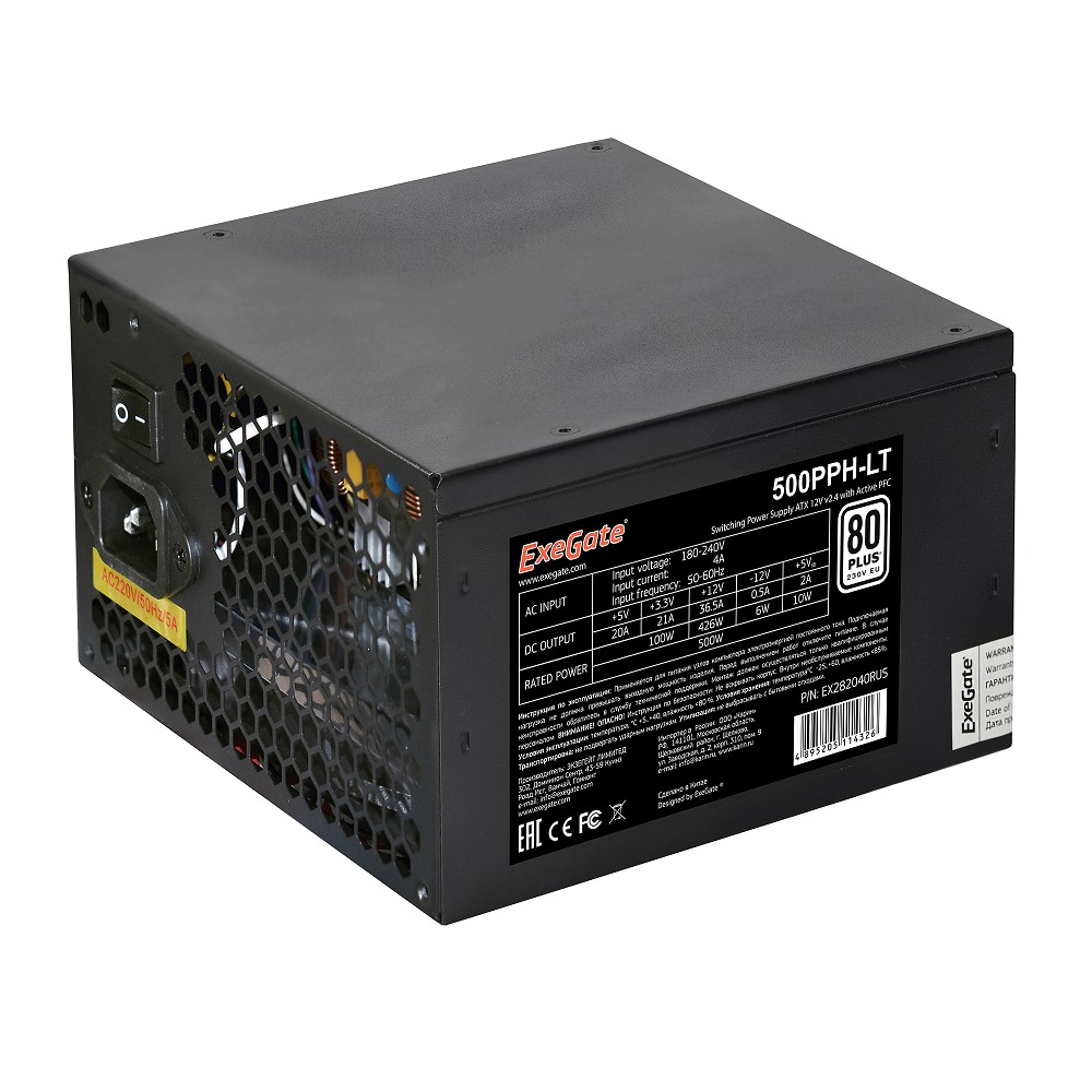 Exegate EX282040RUS-OEM Блок питания 500W ExeGate 500PPH-LT OEM, ATX, black, 80+, APFC, 12cm, 24p, (4+4)p, 5*SATA, 3*IDE