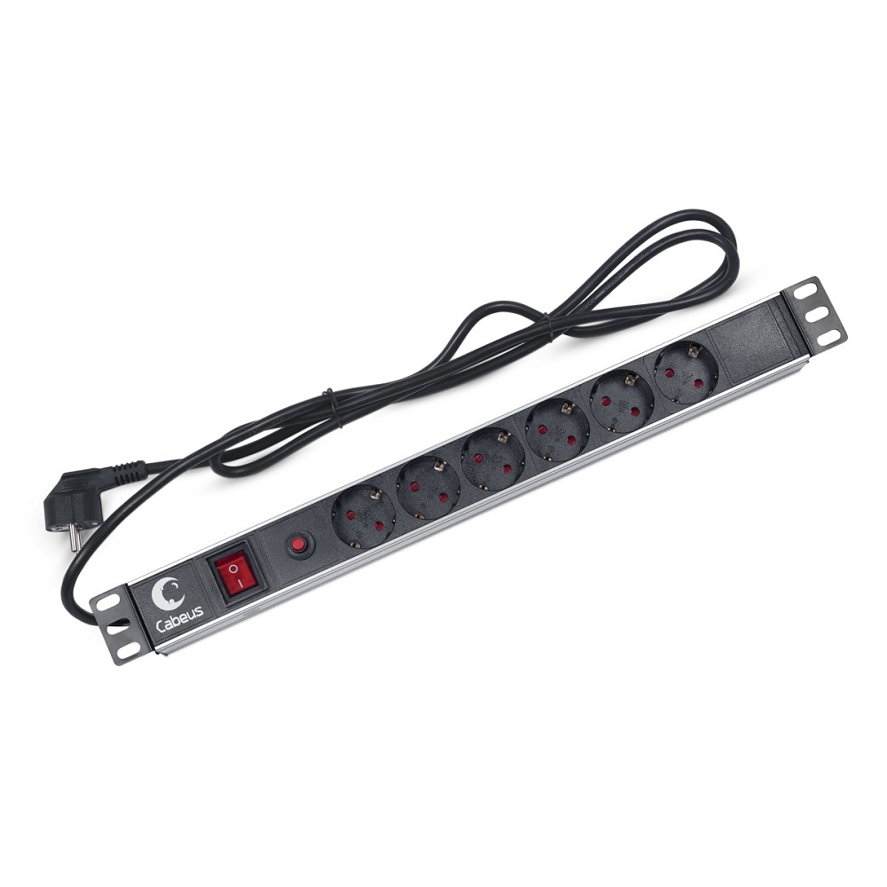 Cabeus PDU-6P-F-2EU Блок евророзеток для 19" шкафов, горизонтальный, 6 розеток, фильтр, 16 A, выключатель, шнур 2м, алюминиевый корпус, немецкий стандарт