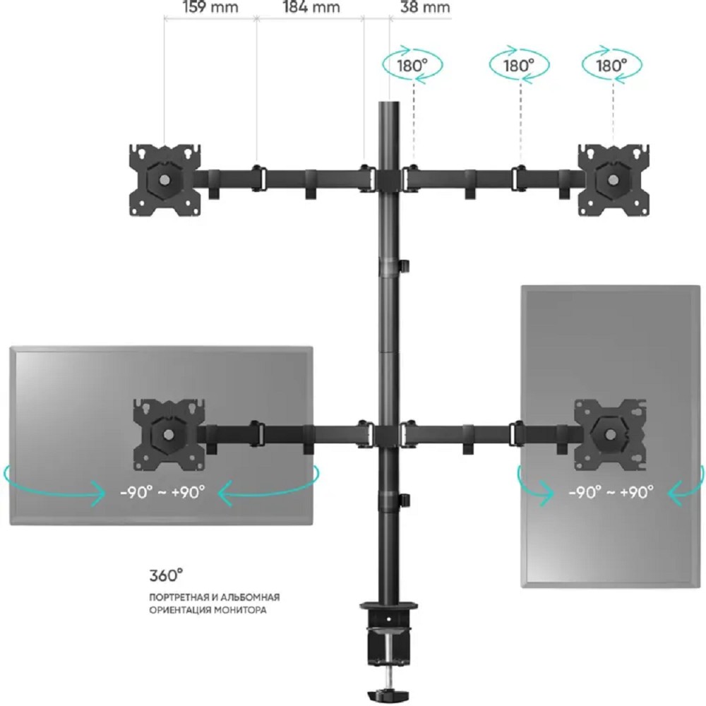 ONKRON D421E чёрный {Для экранов с диагональю 13"-32" каждый Максимальная нагрузка: 32кг (4х8кг) VESA: 75x75, 100х100мм} арт. 4603726156004