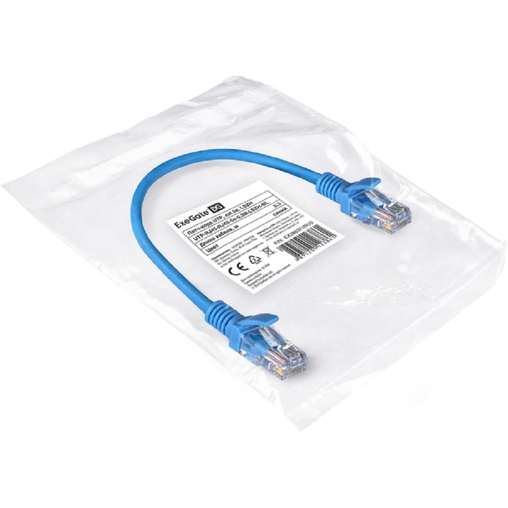 Exegate EX286371RUS Патч-корд LSZH UTP-RJ45-RJ45-5e-0,3M-LSZH-BL, UTP, cat.5e, 0.3м, синий