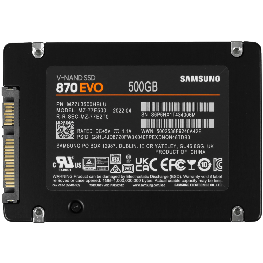 SSD 2.5" 500Gb Samsung SATA III 870 EVO (R560/W530MB/s) (MZ-77E500BW) 1year