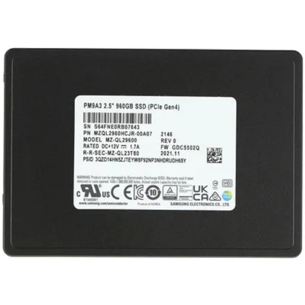 Samsung Enterprise SSD, 2.5"(SFF/U.2) 7mm, PM9A3, 960GB, NVMe PCIe 4.0 (1x4), R6500/W1500Mb/s, IOPS(R4K) 580K/70K, MTBF 2M, 1DWPD/5Y, TBW 1752TB, OEM, (repl. MZQLB960HAJR-00007) арт. MZQL2960HCJR-00A07