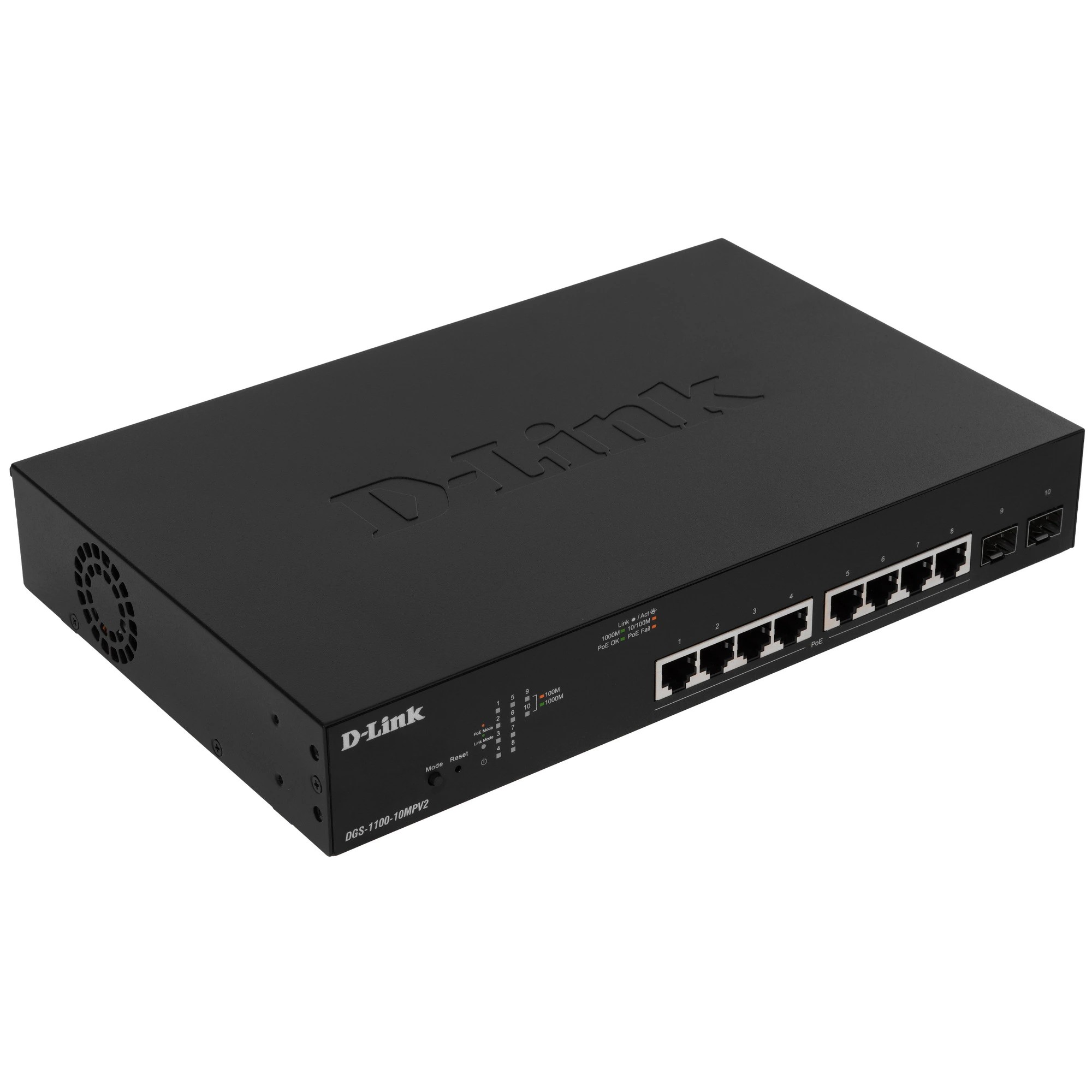 D-Link DGS-1100-10MPV2/A3A Настраиваемый L2 коммутатор с 8 портами 10/100/1000Base-T и 2 портами 1000Base-X SFP (8 портов PoE 802.3af/at, PoE-бюджет 130 Вт) D-Link SMB