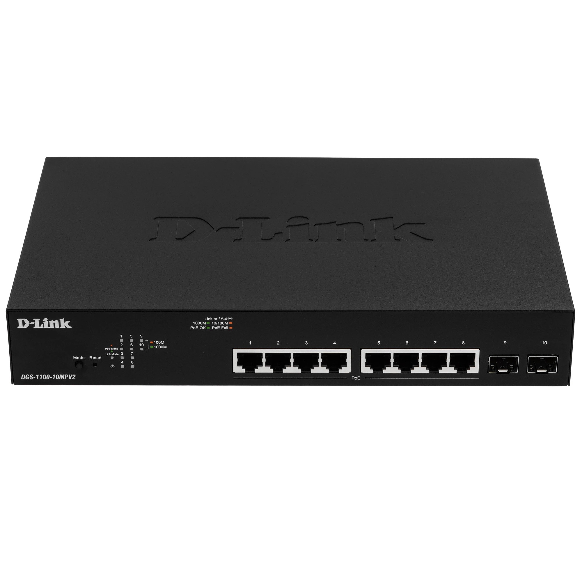 D-Link DGS-1100-10MPV2/A3A Настраиваемый L2 коммутатор с 8 портами 10/100/1000Base-T и 2 портами 1000Base-X SFP (8 портов PoE 802.3af/at, PoE-бюджет 130 Вт) D-Link SMB