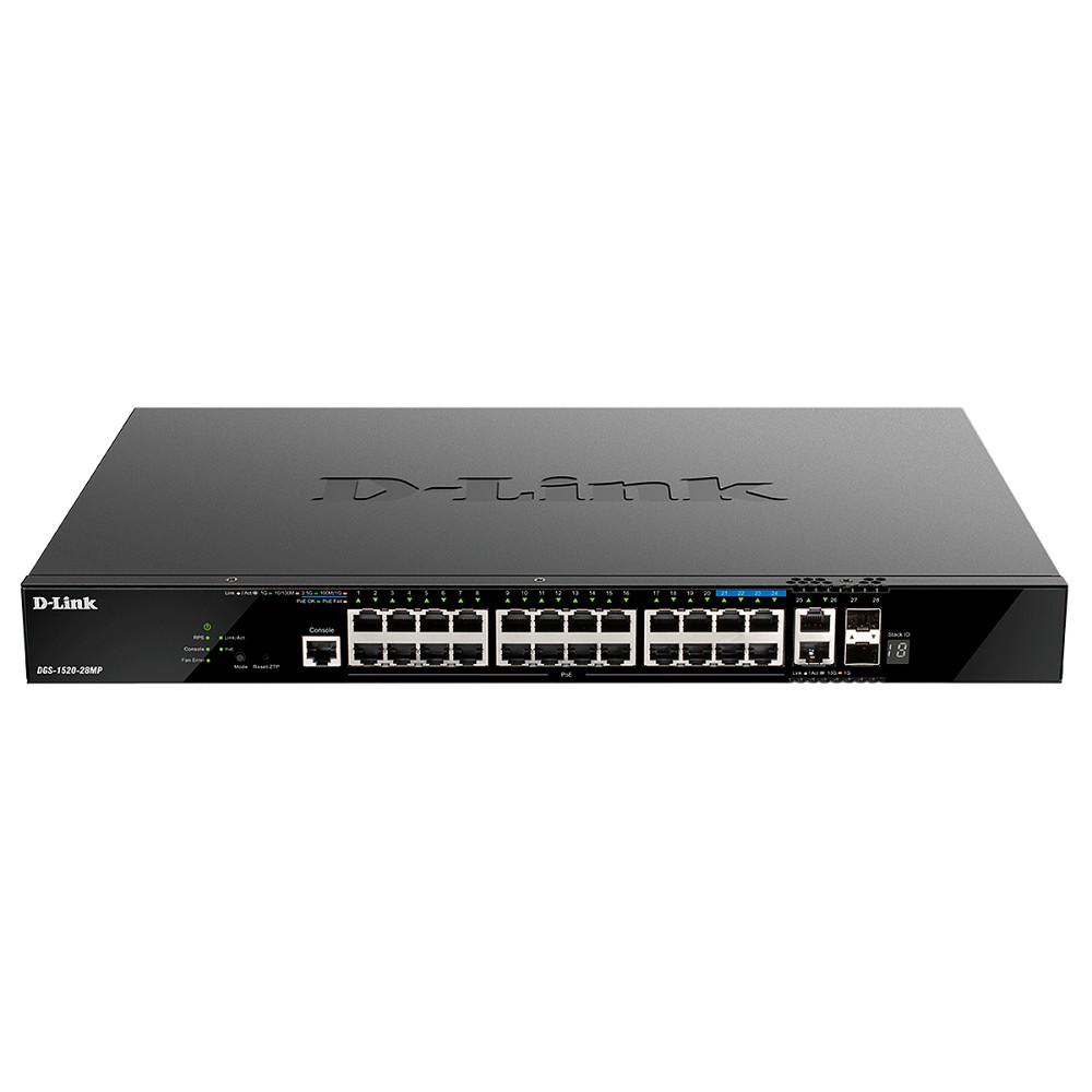 D-Link DGS-1520-28MP/A1A Управляемый L3 стекируемый коммутатор с 20 портами 10/100/1000Base-T, 4 портами 100/1000/2.5GBase-T, 2 портами 10GBase-T и 2 портами 10GBase-X SFP+ (PoE-бюджет 370 Вт) D-Link SMB