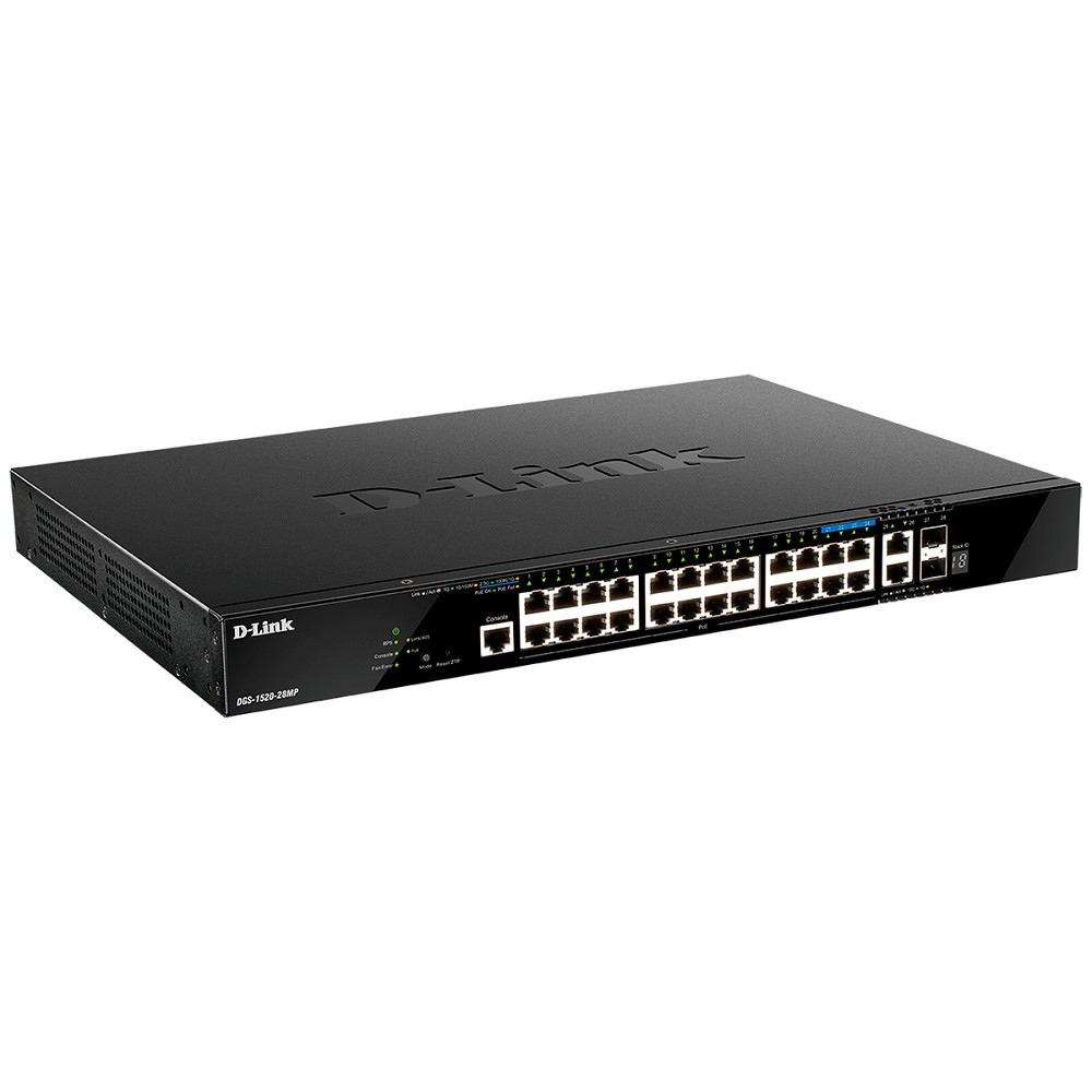 D-Link DGS-1520-28MP/A1A Управляемый L3 стекируемый коммутатор с 20 портами 10/100/1000Base-T, 4 портами 100/1000/2.5GBase-T, 2 портами 10GBase-T и 2 портами 10GBase-X SFP+ (PoE-бюджет 370 Вт) D-Link SMB
