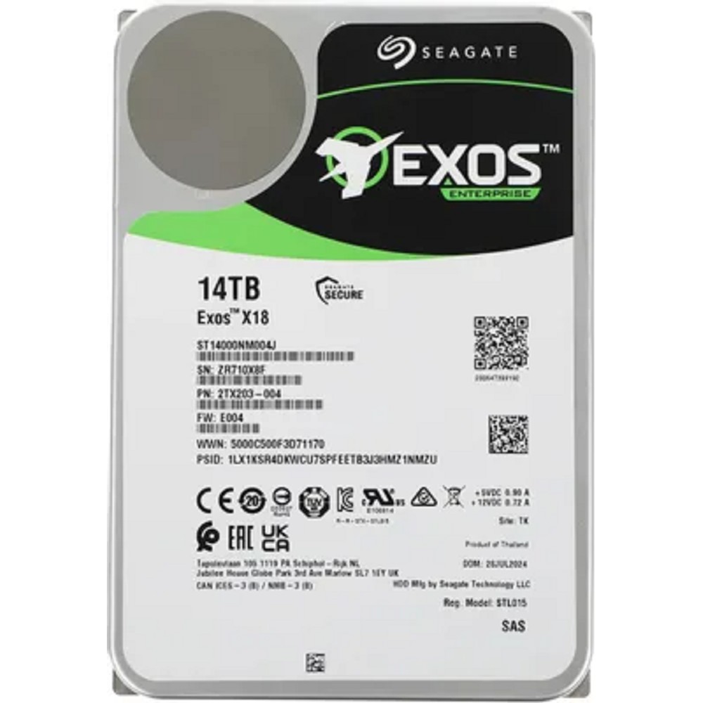 Seagate Exos X18 HDD 3.5" SAS 14Tb, Exos X18, 7200 rpm, 256Mb buffer, 512e/4kn, CMR, ST14000NM004J, 1 year