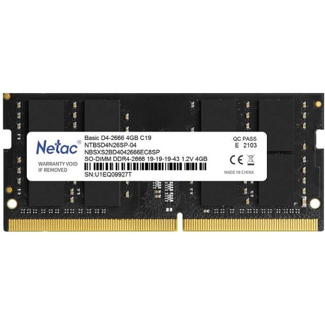 Netac Basic SODIMM 4GB DDR4-2666 (PC4-21300) C19 19-19-19-43 1.2V Memory module арт. NTBSD4N26SP-04