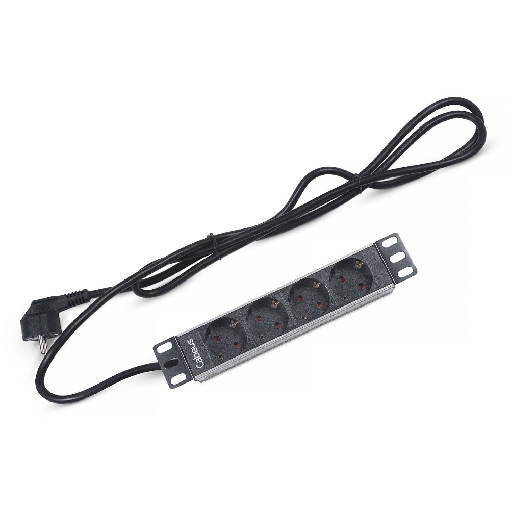 Cabeus PDU-4P-2EU Блок евророзеток для 10" шкафов, горизонтальный, 4 розетки, 16 A, без выключателя, алюминиевый корпус, шнур 2 м, вилка немецкий стандарт