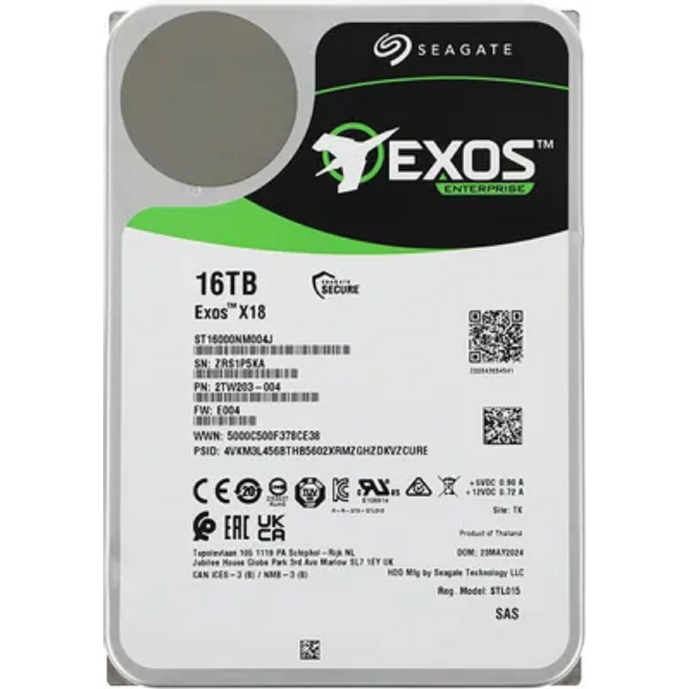 Seagate Exos X18 HDD 3.5" SAS 16Tb, 7200 rpm, 256Mb buffer, 512e/4kn, CMR, ST16000NM004J, 1 year