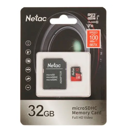 Netac P500 Extreme PRO 32GB MicroSDHC V10/A1/C10 up to 100MB/s, retail pack with SD Adapter арт. NT02P500PRO-032G-R