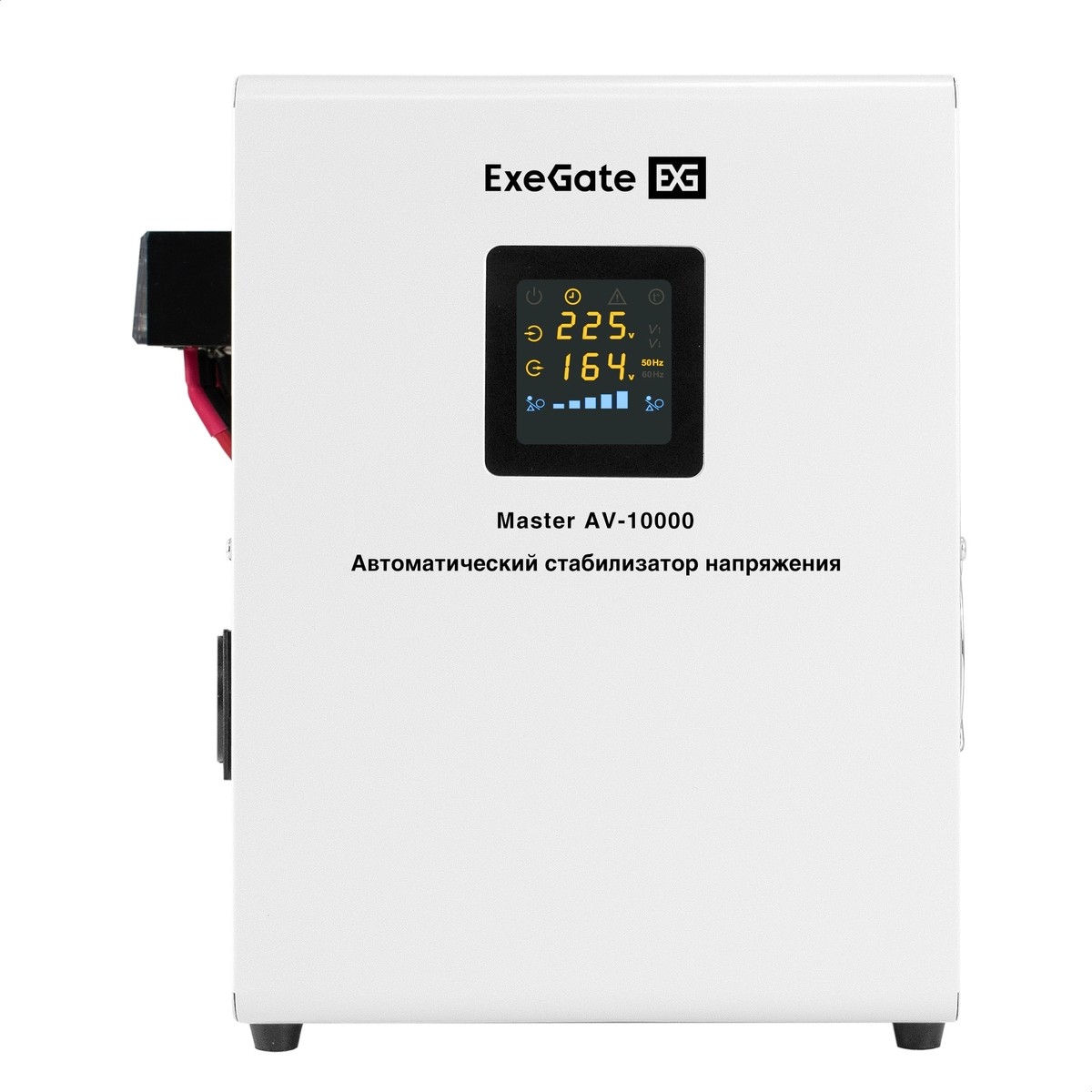 Exegate EX291743RUS Стабилизатор напряжения ExeGate Master AV-10000 (10000ВА, 140-260В, цветной дисплей, 220В±8%, КПД 98%, 5 уровней защиты, задержка, усиленный метал.корпус, клем.колодка+евророзетка,