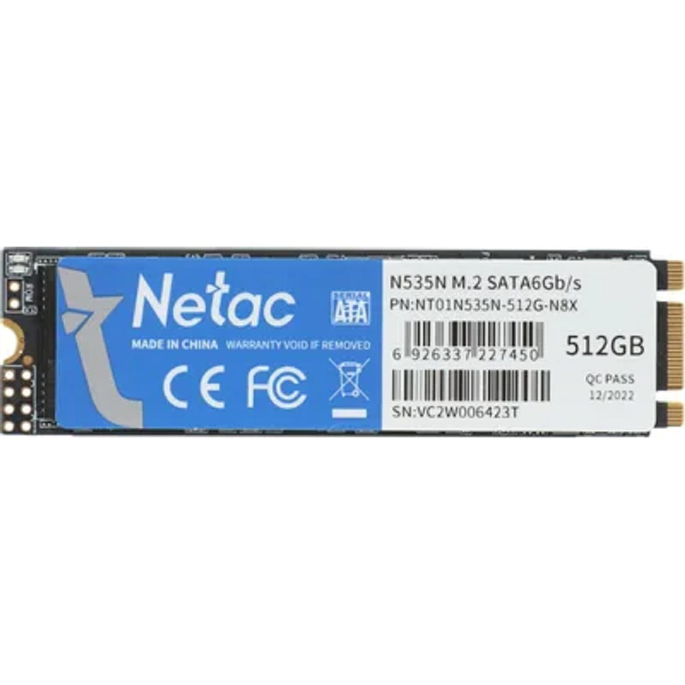 Netac SSD N535N 512GB M.2 2280 SATAIII 3D NAND, R/W up to 540/490MB/s, TBW 280TB, 3y wty арт. NT01N535N-512G-N8X