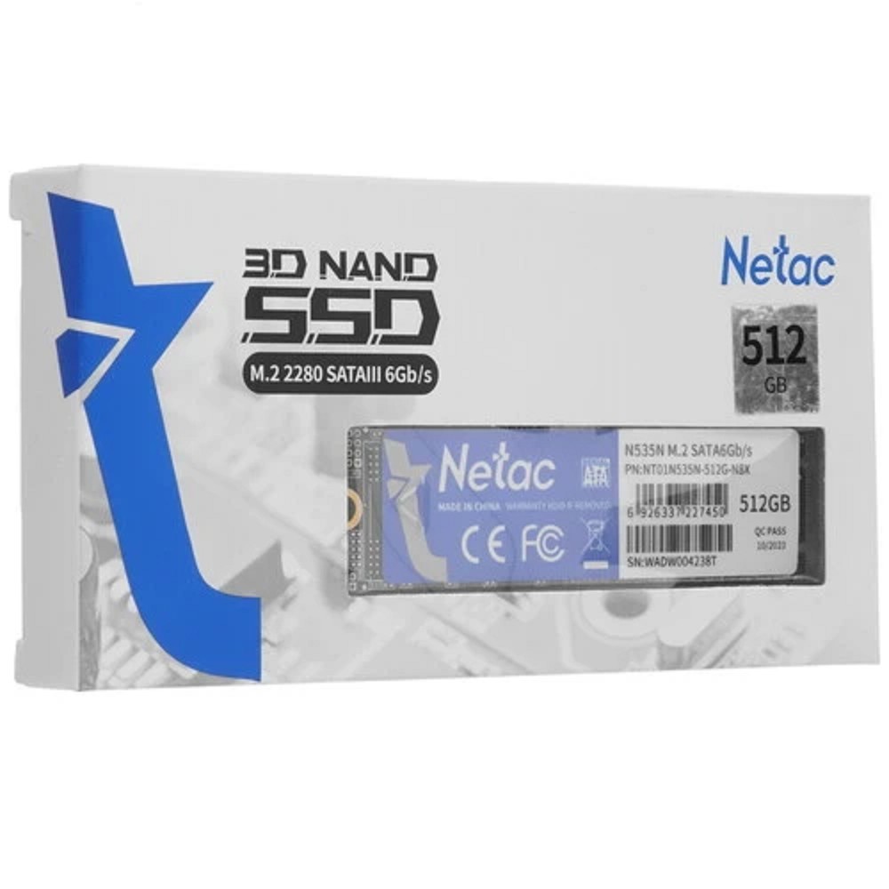 Netac SSD N535N 512GB M.2 2280 SATAIII 3D NAND, R/W up to 540/490MB/s, TBW 280TB, 3y wty арт. NT01N535N-512G-N8X