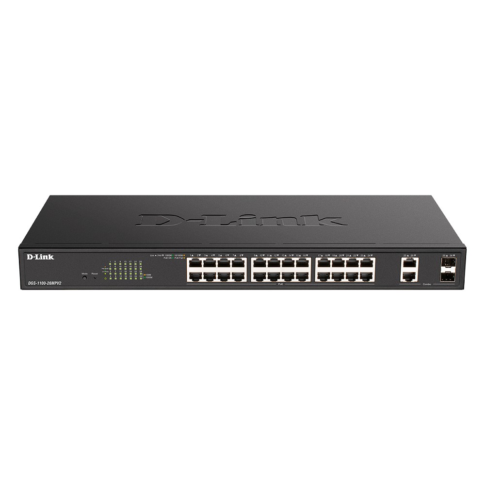 D-Link DGS-1100-26MPV2/A3A Настраиваемый L2 коммутатор с 24 портами 10/100/1000Base-T и 2 комбо-портами 1000Base-T/SFP (24 порта PoE 802.3af/at, PoE-бюджет 370 Вт) D-Link SMB