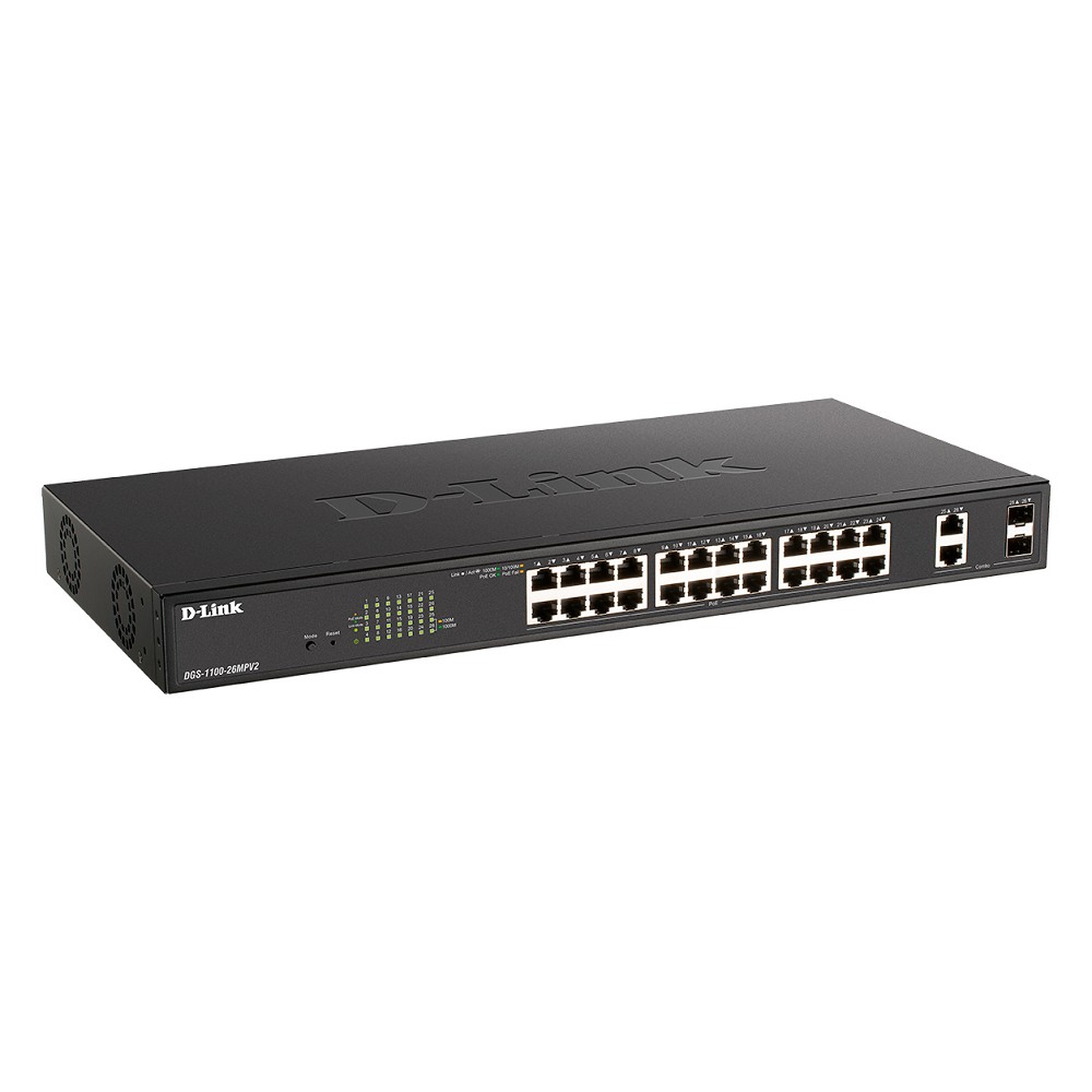D-Link DGS-1100-26MPV2/A3A Настраиваемый L2 коммутатор с 24 портами 10/100/1000Base-T и 2 комбо-портами 1000Base-T/SFP (24 порта PoE 802.3af/at, PoE-бюджет 370 Вт) D-Link SMB