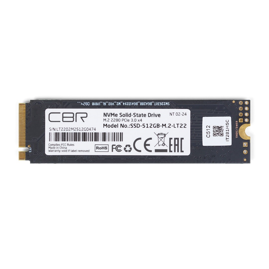 CBR SSD-512GB-M.2-LT22, Внутренний SSD-накопитель, серия "Lite", 512 GB, M.2 2280, PCIe 3.0 x4, NVMe 1.3, SM2263XT, 3D TLC NAND, R/W speed up to 2100/1600 MB/s, TBW (TB) 256