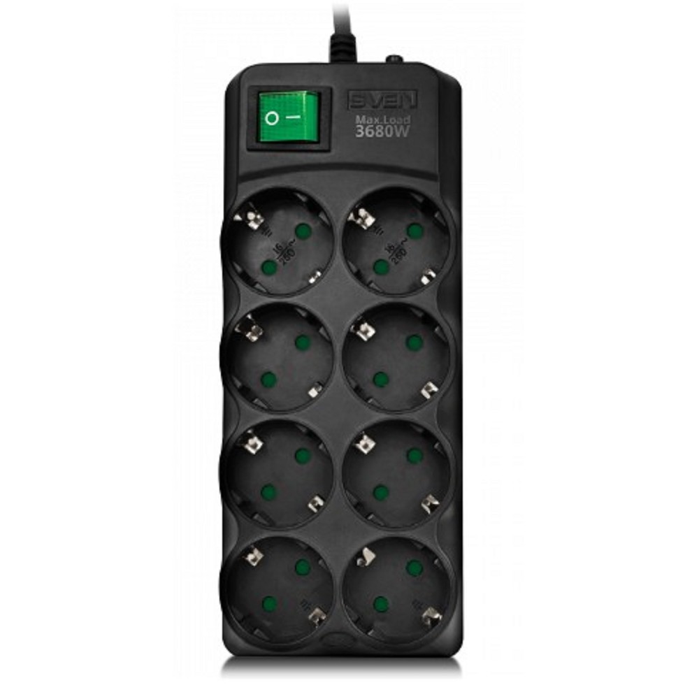 SVEN Фильтр SF-08E-16 3,0 м (8 розеток с защитными шторками,16А) черный, цветная коробка [SV-021610]