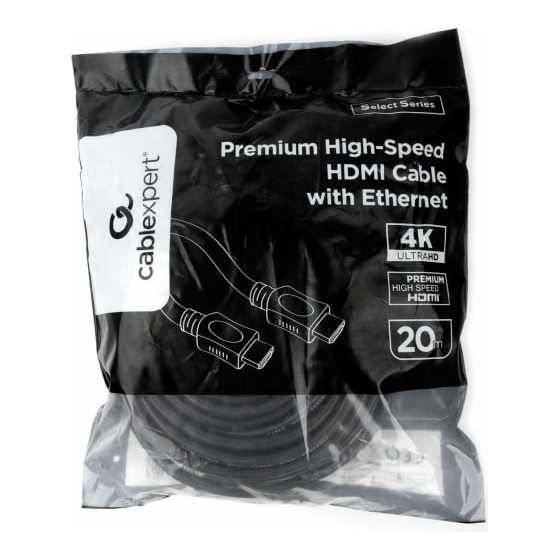 Кабель HDMI Cablexpert 19M/19M, v2.0, серия Light, позол.контакты, экран, 20м, черный, пакет (CC-HDMI4L-20M)