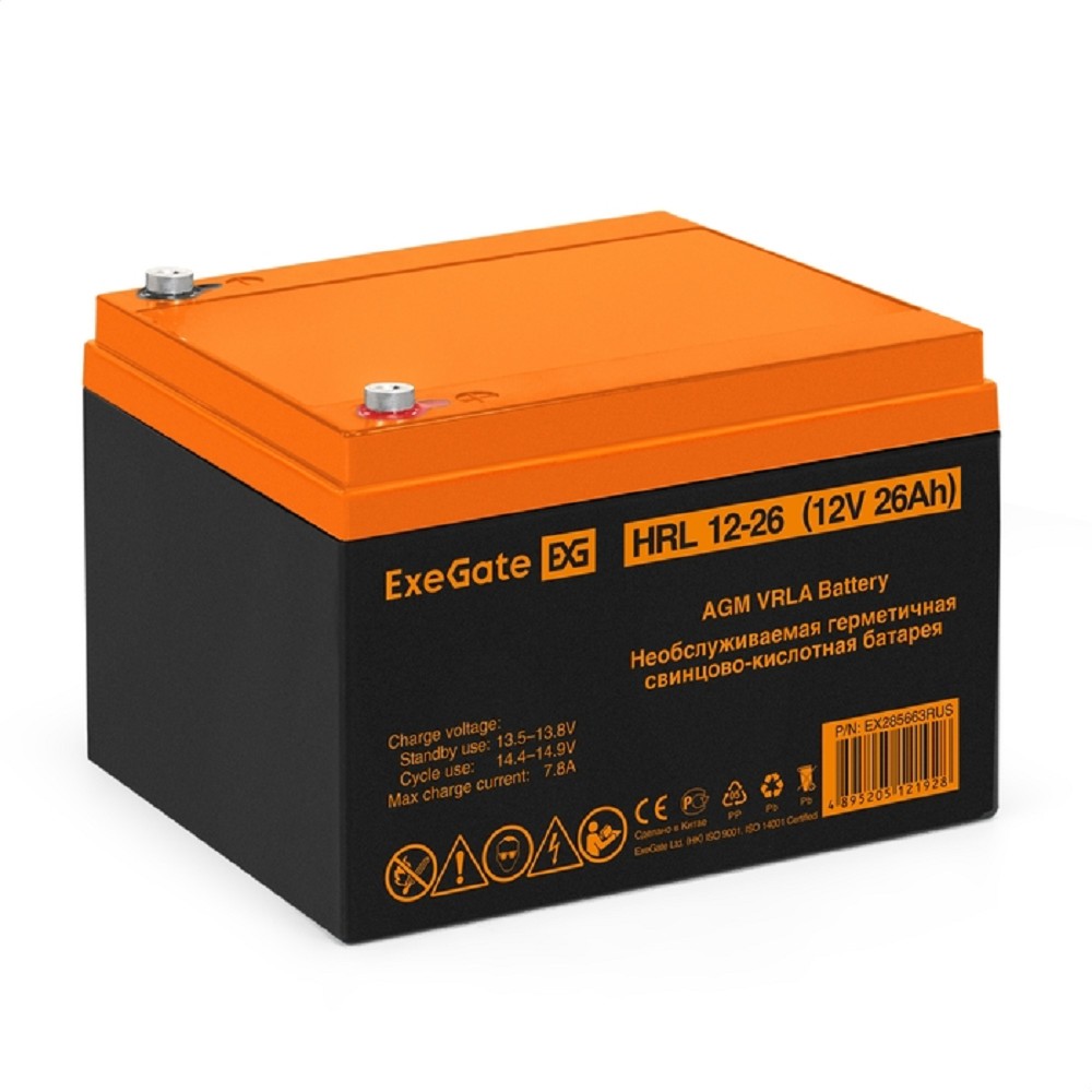 Exegate EX285663RUS Аккумуляторная батарея ExeGate HRL 12-26 (12V 26Ah, клеммы F3 (болт М5 с гайкой))