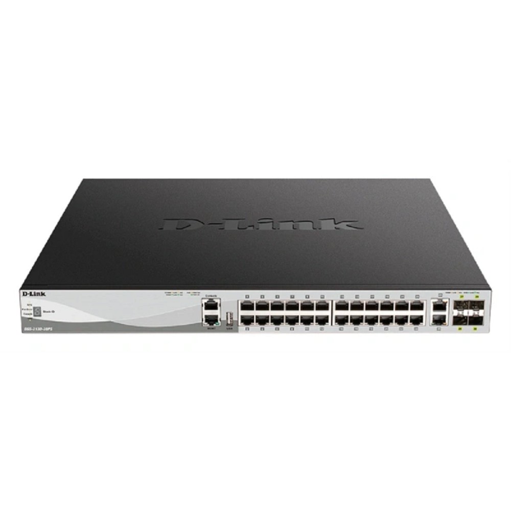 D-Link DGS-3130-30PS/B2A PROJ Управляемый L3 стекируемый коммутатор с 24 портами 10/100/1000Base-T, 2 портами 10GBase-T и 4 портами 10GBase-X SFP+ (24 порта PoE 802.3af/at, PoE-бюджет 370 Вт) D-Link SMB