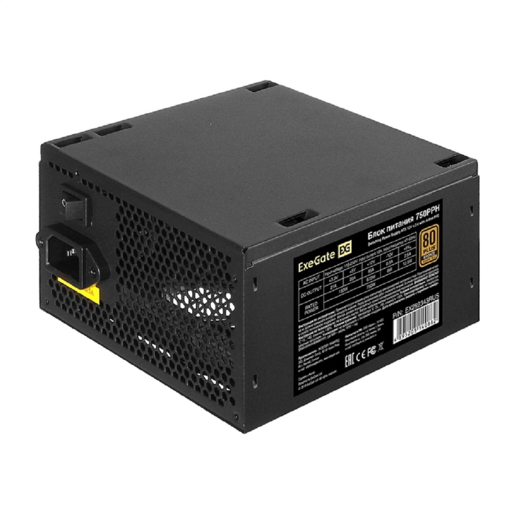 Exegate EX292343RUS Блок питания 750W ExeGate 80 PLUS® Bronze 750PPH (ATX, APFC, КПД 85% (80 PLUS Bronze), 12cm fan, 24pin, 2x(4+4)pin, 4xPCI-E, 6xSATA, 6xIDE, black, Color Box)