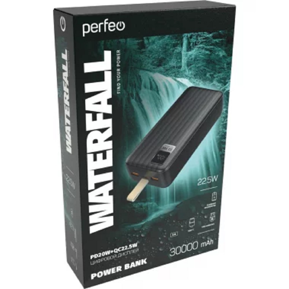 Perfeo Powerbank WATERFALL 30000 mAh/LED дисплей/PD + QC 3.0/Type-C/2 USB/Выход: 5A, max 22.5W/Black (PF_D0174)