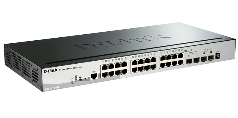 D-Link DGS-1510-28P/A1A, PROJ L2+ Smart Switch with 24 10/100/1000Base-T ports and 2 1000Base-X SFP ports and 2 10GBase-X SFP+ ports (24 PoE ports 802.3af/802.3at (30 W), PoE Budget 193W).16K Mac add