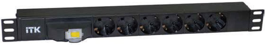 ITK PDU 6 розеток DIN49440 (нем.станд.), с автоматом 10А, 1U, без шнура, вх.IEX320 C14, алюминиевый профиль, черный