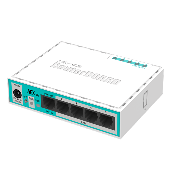 Маршрутизатор MikroTik hEX lite with 850MHz CPU, 64MB RAM, 5 LAN ports, RouterOS L4, plastic case, PSU