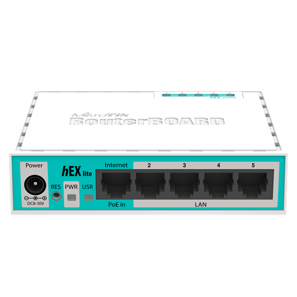 Маршрутизатор MikroTik hEX lite with 850MHz CPU, 64MB RAM, 5 LAN ports, RouterOS L4, plastic case, PSU