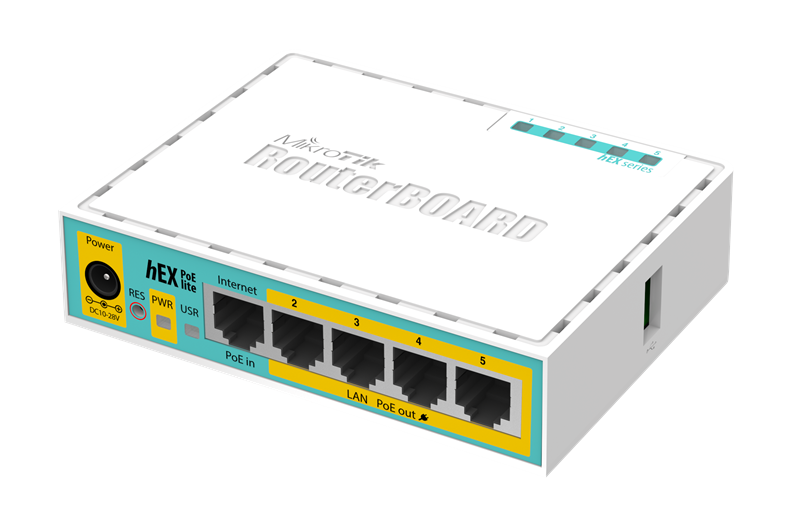 Маршрутизатор MikroTik hEX PoE lite with 650MHz CPU, 64MB RAM, 5xLAN (four with PoE out), USB, RouterOS L4, plastic case and PSU