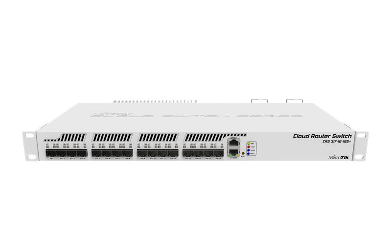 MikroTik Cloud Router Switch 317-1G-16S+RM with 800MHz CPU, 1GB RAM, 1xGigabit LAN, 16xSFP+ cages, RouterOS L6 or SwitchOS (dual boot), passive cooling 1U rackmount enclosure, Dual redundant PSU арт. CRS317-1G-16S+RM