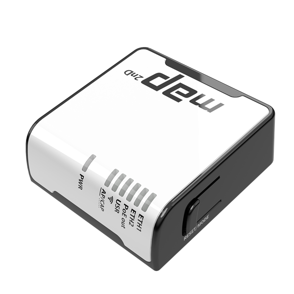 MikroTik mAP with AR9531 650MHz CPU, 64MB RAM, 2xLAN, built-in 2.4Ghz 802.11bgn Dual Chain wireless with integrated antennas, microUSB, RouterOS L4, plastic case, PSU , POE-out