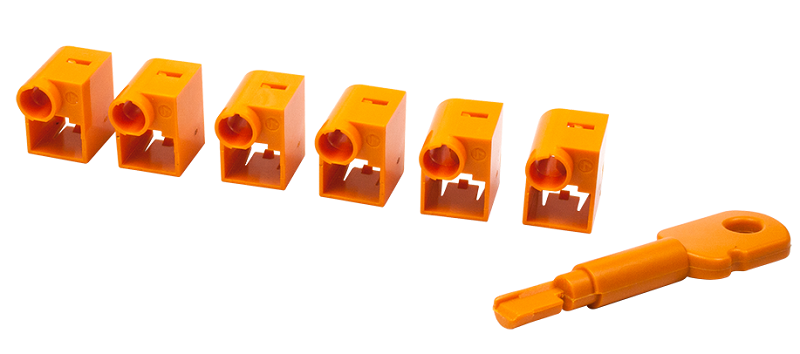 Комплект блокираторов коннектора RJ-45 (6 шт.) + ключ, оранжевый LANMASTER арт. LAN-SEC45-CL-SET-OR