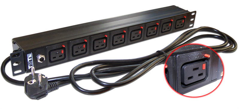 Блок розеток 19, 1-фазный без выключателя,16A / 250V, 8xC19 с фиксатором вилки, шнур 3.0 м, вилка Schuko