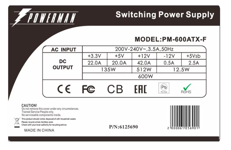 Powerman Power Supply 600W PM-600ATX-F Black (12cm fan) арт. 6128219