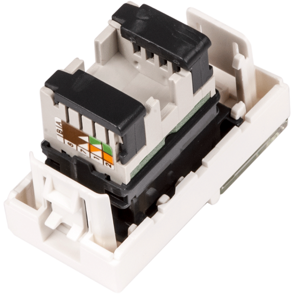 Вставка Mosaic 22.5x45, RJ-45 UTP, кат.5e, со шторкой и увеличенным окном маркировки, белая LANMASTER арт. LAN-SIP-22U5E-WH