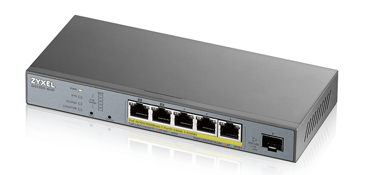Smart L2 коммутатор PoE+ для IP-видеокамер Zyxel NebulaFlex Pro GS1350-6HP, 4xGE PoE+, 1xGE PoE++ (802.3bt), 1xSFP, бюджет PoE 60 Вт, питание до 250м, автоперезагрузка PoE-портов
