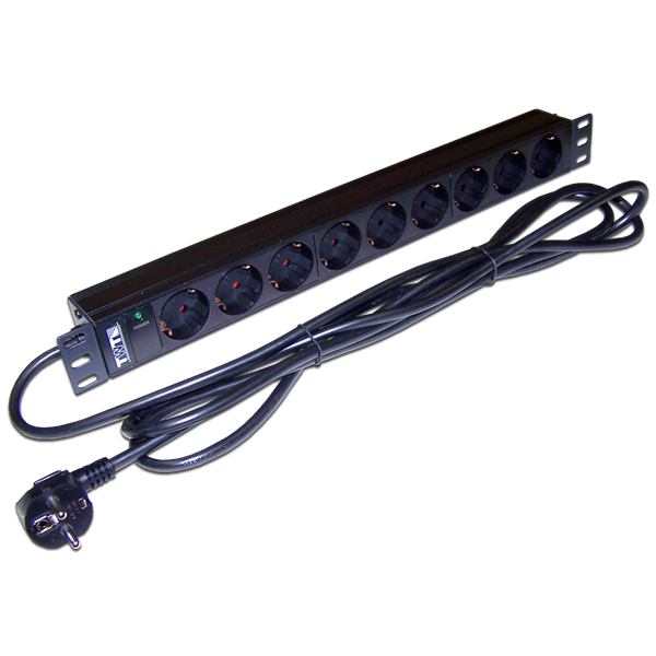 Блок розеток 19, 1-фазный без выключателя, 16A / 250V, 9xSchuko, шнур 3.0 м, вилка Schuko