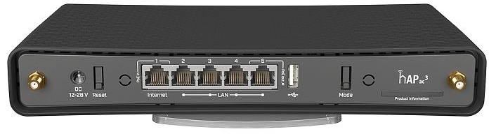 MikroTik hAP ac3 with 4-core 716 MHz CPU, 256MB RAM, 5 x Gigabit LAN (PoE-out on port#5), two wireless interfaces (built-in 2.4Ghz 802.11b/g/n two chain, built-in 5Ghz 802.11ac two chain), 3dBi 2.4GHz